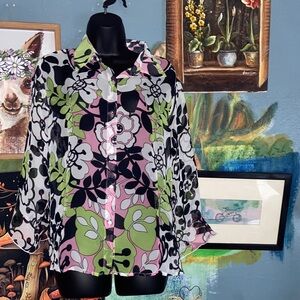 HIPPIE FLORAL SHEER BLOUSE Green, Pink, White & Black